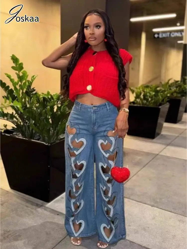 

Joskaa Fashion Blue Stretch Jeans Women Sexy Hollow Love Embroidery Straight Leg Trouser 2025 Summer Party Club Pants Streetwear