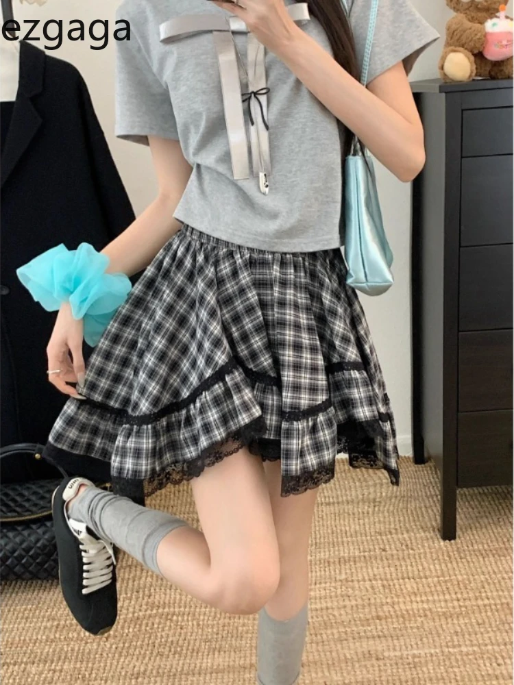 

Ezgaga Irregular Skirts Women Plaid Lace Patchwork Stretch High Waist Summer Fashion Vintage Sweet Mini Skirt Female Chic