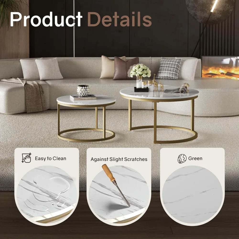 طقم من طاولتين قهوة متداخلة، قطر 31.5، سطح من الرخام الأبيض مع ميزة غير قابلة للانزلاق #3
