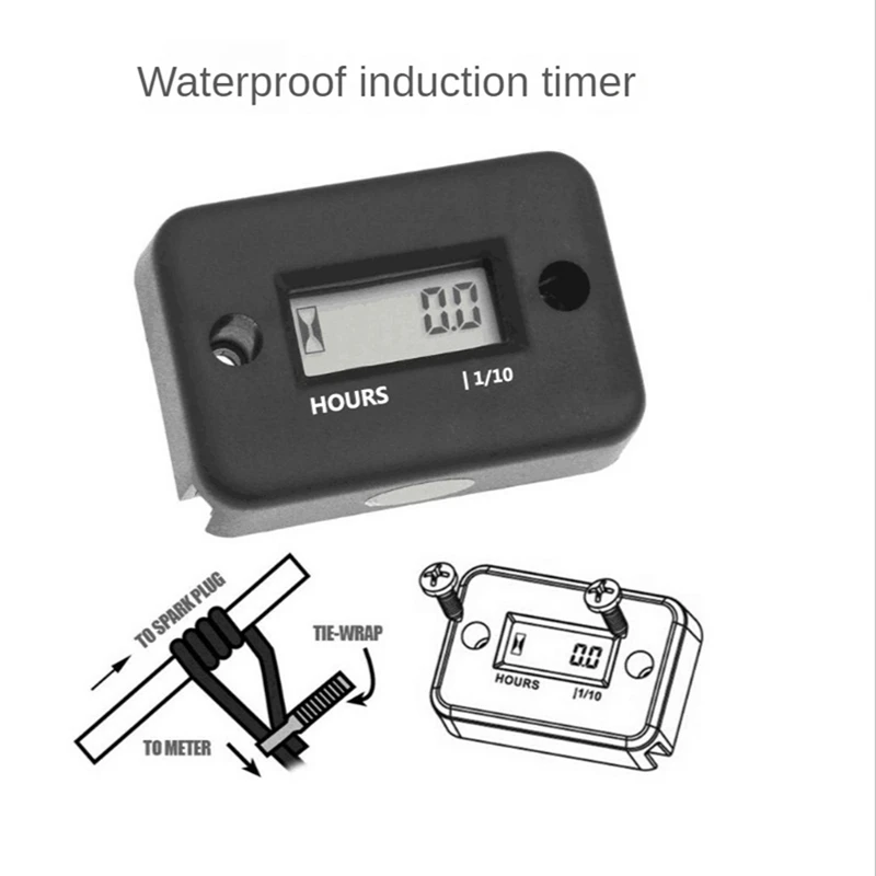 Waterproof LCD Display Digital Hour Meter Inductive Timer For Bike Motorcycle ATV Snowmobile Engine, Black