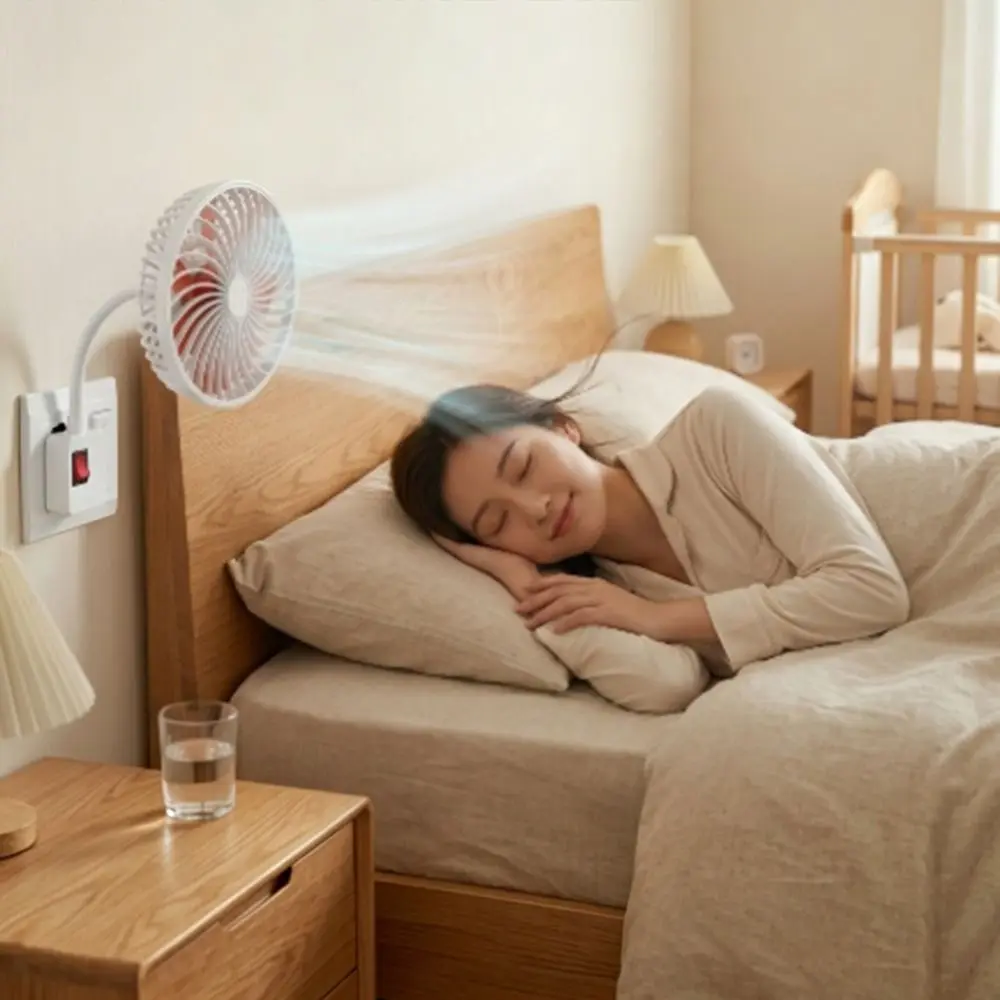 3-Prong Plug Wall Socket Fan Wall-Mounted Seven-leaf Kitchen Mini Fan Energy Saving 360 Degree Adjustable Desktop Fan Summer