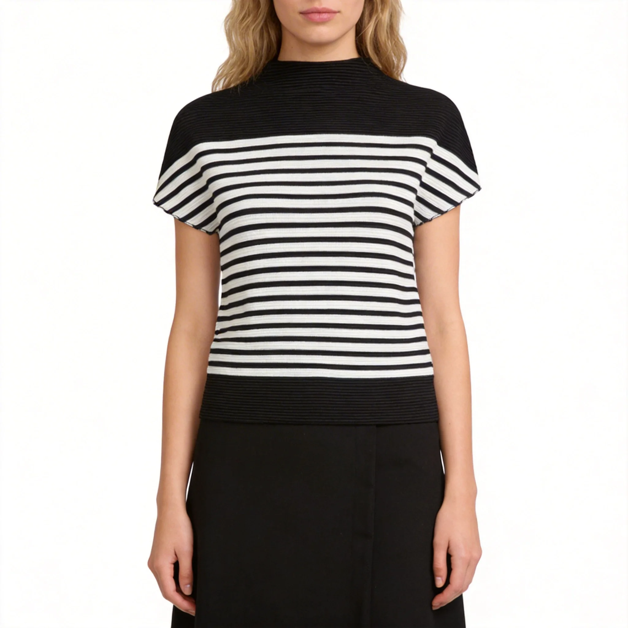 Miyake Women's Cornfold Tight Printed T-Shirt Thin Pullover Half Turtle Neck Short Sleeve Fashion Women's 2026 Summer