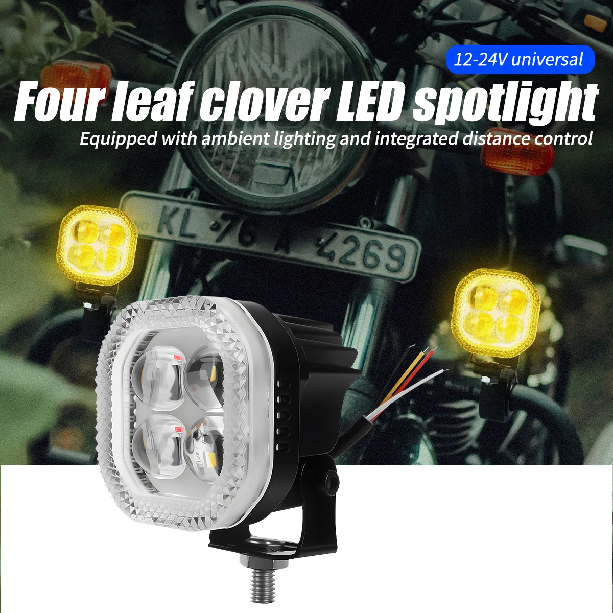 1pc 4 Lens Motorcycle LED Spotlight with RGB Ring Light Dual Color Hi/Low Beam Auxiliary Driving Lamp 12V Motor Accessories