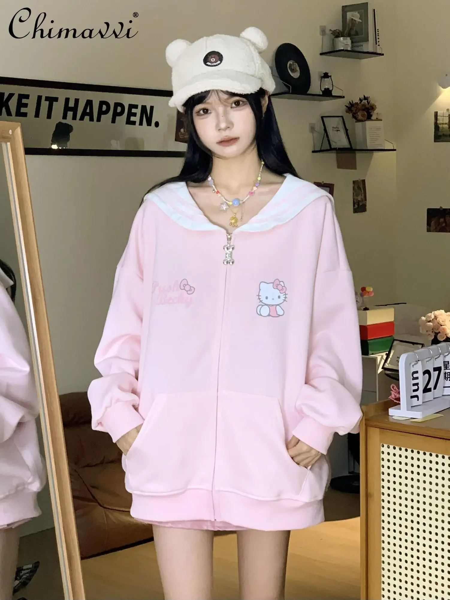 

Japanese Sanrio College Style Navy Collar Kitten Print Cardigan Sweatshirt Coat Spring Fashion Sweet Long-sleeved Girl Hoodies