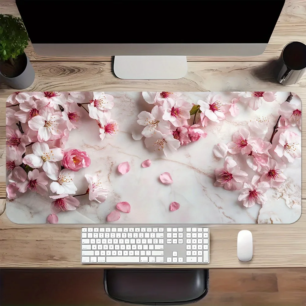 Cherry blossom blooming tablecloth, non-slip rubber-bottom mouse pad, with marble design and pink floral pattern