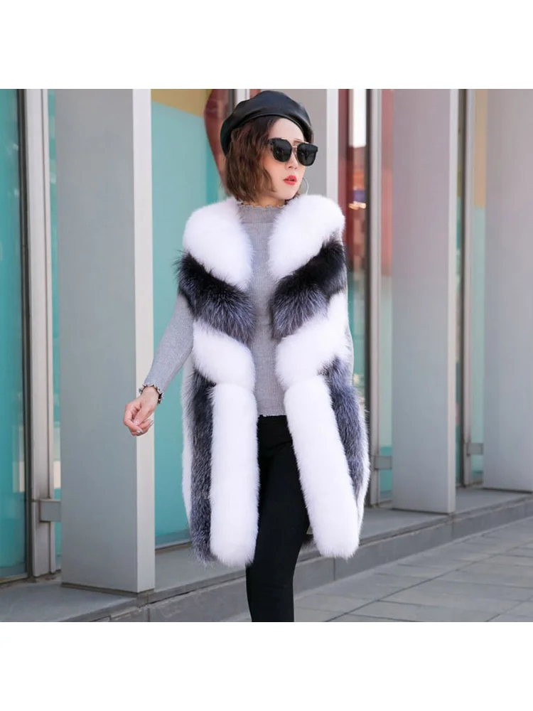 French Exquisite Faux Fur Vest Black White Gray Striped Spliced Simple Comfortable Fluffy Soft Gentle Long Sleeveless Outerwear