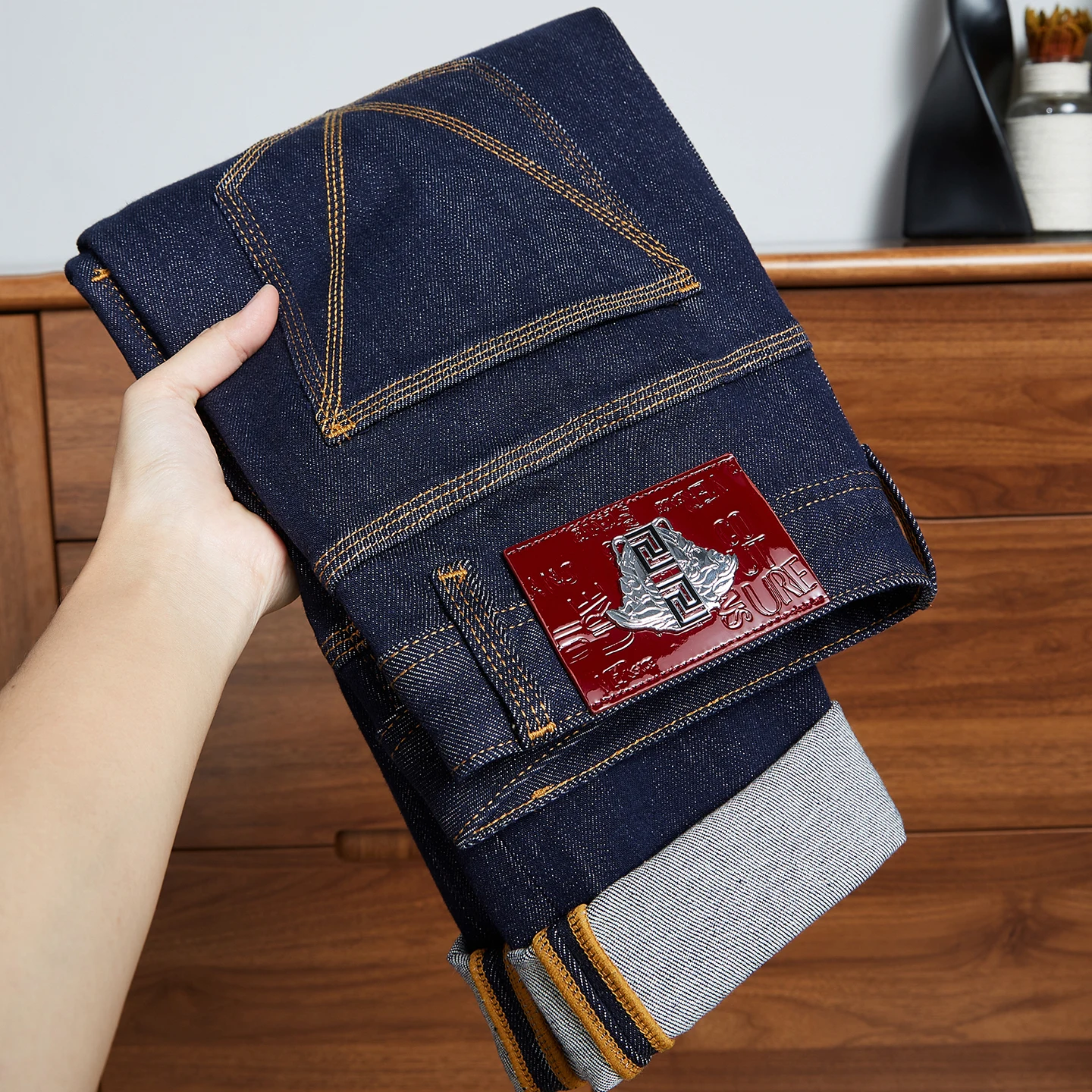 

Мужские джинсы премиум-класса из Гонконга, оригинальные, цветные, модные, синие, со средней посадкой, прямого кроя, повседневные, для бизнеса, зимние брюки