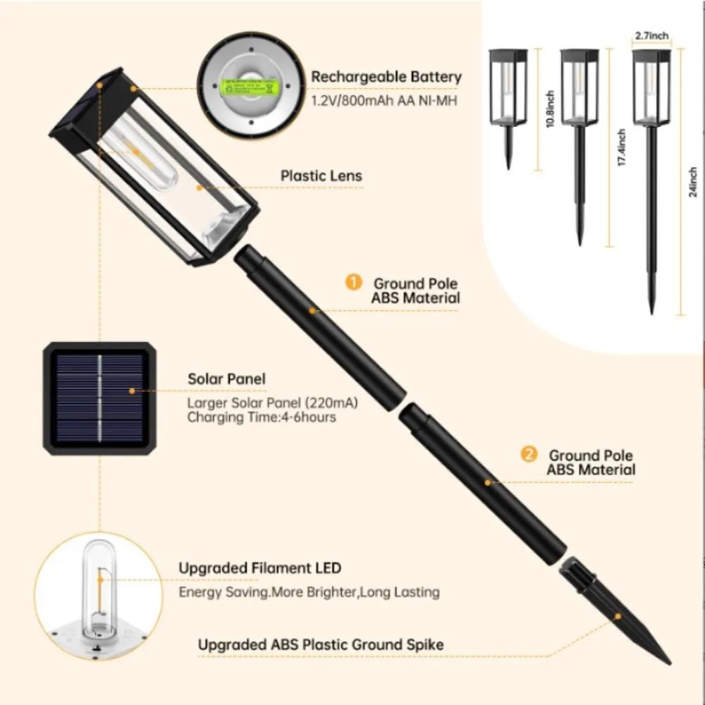 Уличные солнечные фонари для дорожек, IP65 водонепроницаемые садовые светильники на солнечной батарее, ландшафтные фонари для коридора, лужайки, внутреннего дворика, 2 шт.