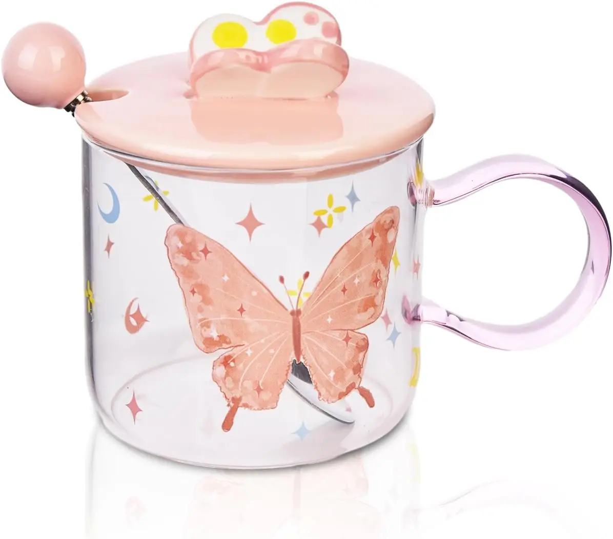 Cute Mug with Lid,Coffee Mug,Glass Tea Cup, Borosilicate Glass Coffee Mugs with Spoon Set,Gifts for Women Mom Daughter Girl Frie