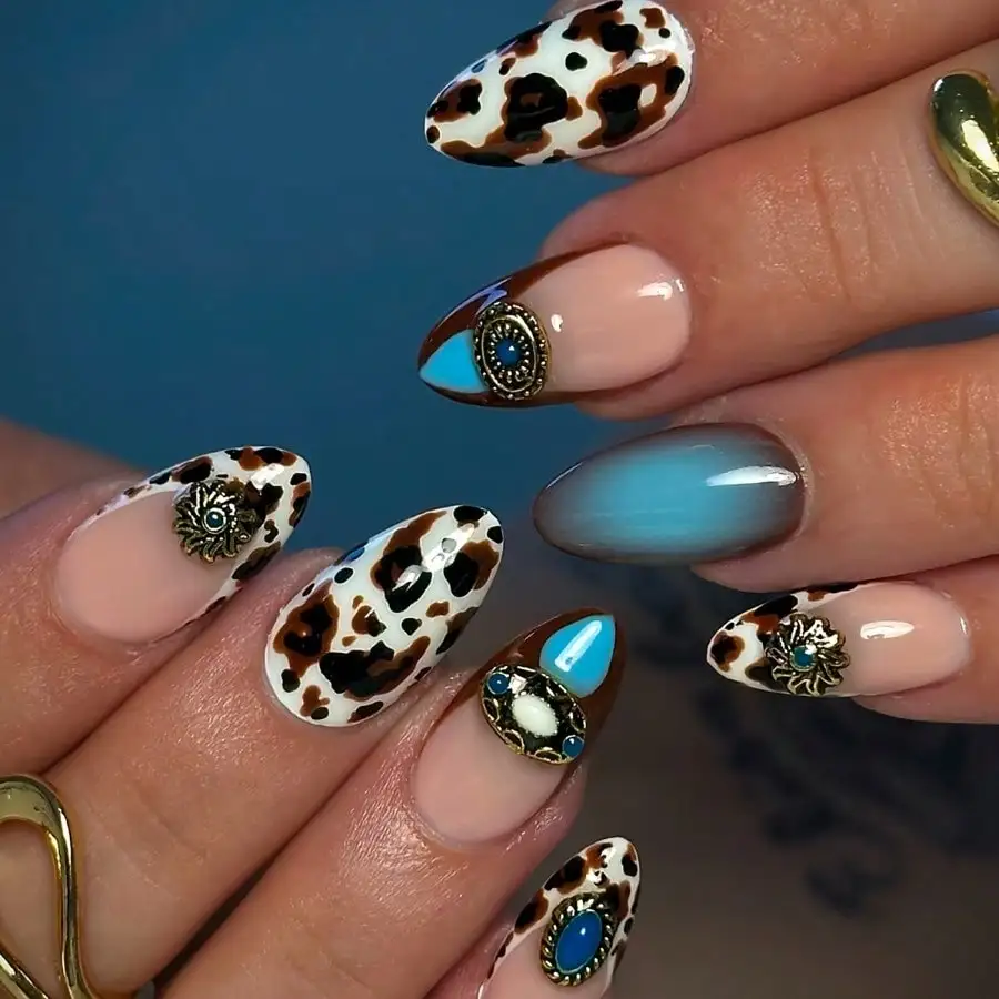 

24PCS Almond French Cow Print Press On Nails, Vintage Rhinestone Sapphire Decor, Easy To Wear For Parties