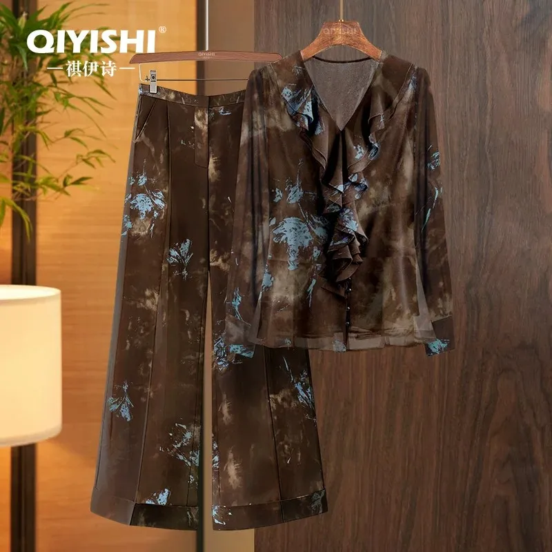 Women Retro Ink Floral 2 Piece Outfit V‑Neck Ruffle Long Sleeve Chiffon Blouse High Waist Wide Leg Pants Elegant Office Lady Mat