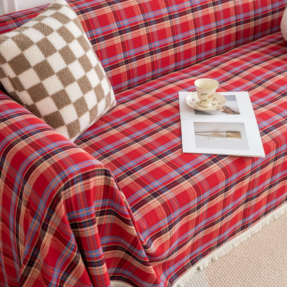 

Christmas Plaid Slipcover Couch Cover Grid Living Room Pet Bed Chair Soft sofa cover with Tassel Washable Towel Throw Blanket
