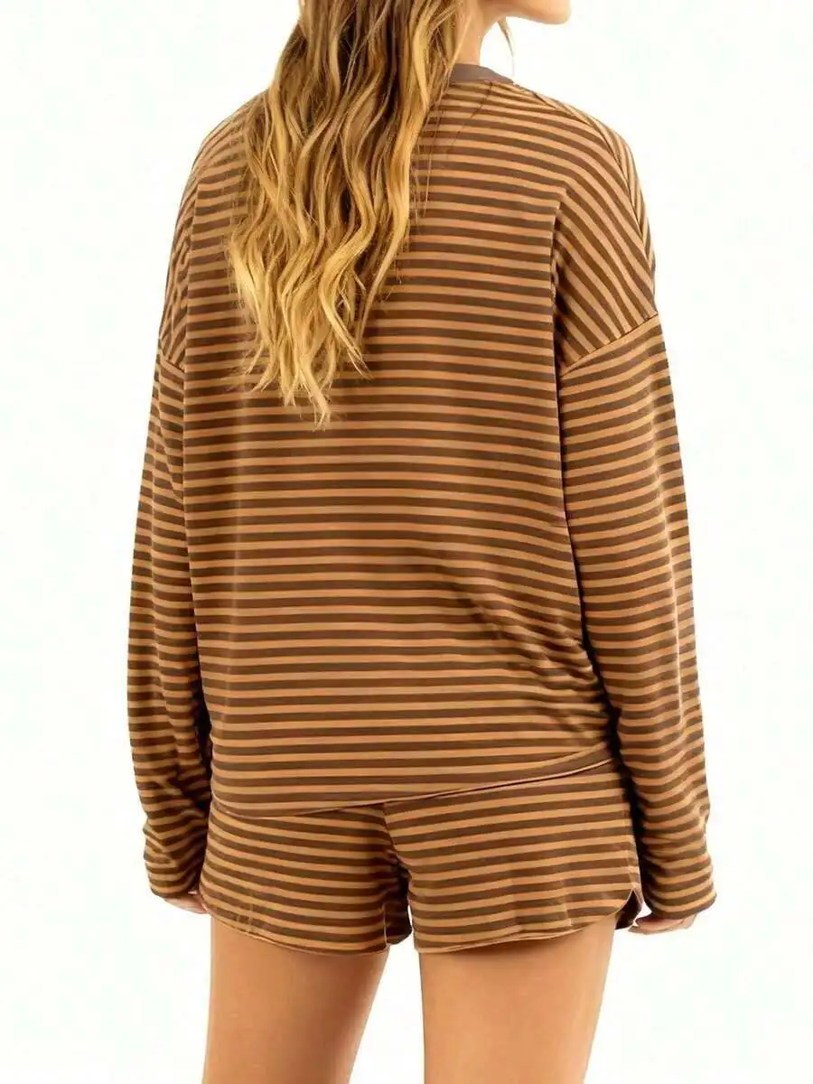 

Womens Striped 2 Piece Loungewear Set With Long Sleeve Top And Elastic Waist Shorts