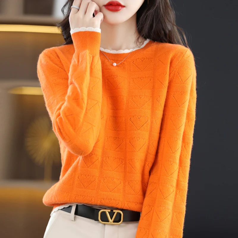 

% wool round neck hollow bottoming shirt ladies autumn and winter new knitted color matching sweater loose top