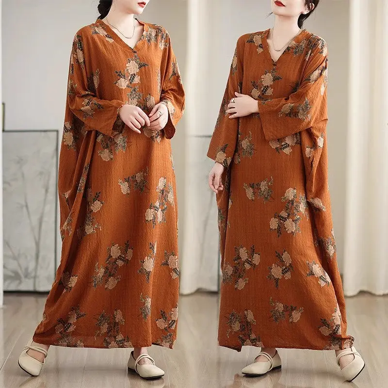 Artistic Retro Linen Printed Fashionable Dress For Women Spring And Autumn Vacation Style V-Neck Long Sleeved Loose Dress A780