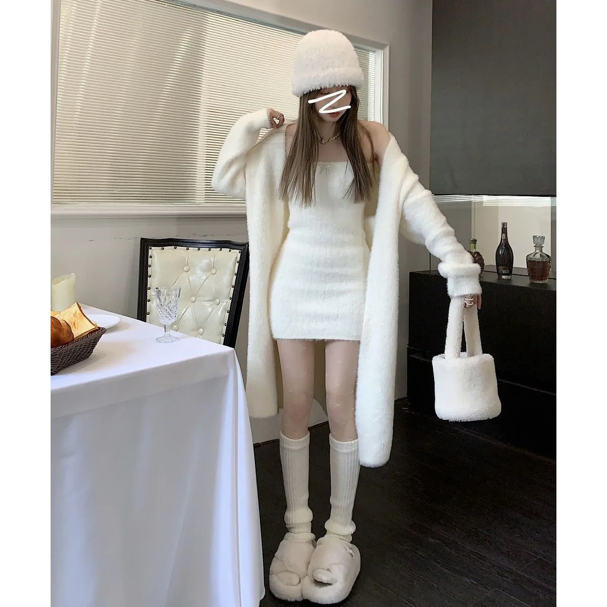 Soft Long Knitted Cardigan Women Imitation Mink Sweater Coat Sexy Strapless Dress 2 Piece Set Thick Plush Cardigan Sweater Suits