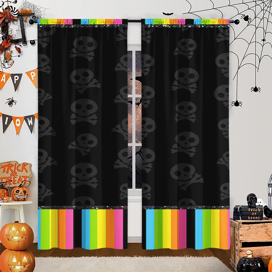 2PCS Digital Print Curtain, Black Skull Pattern Rainbow Stripes, Halloween Colorful Fun Style for Living Room Bedroom Decor