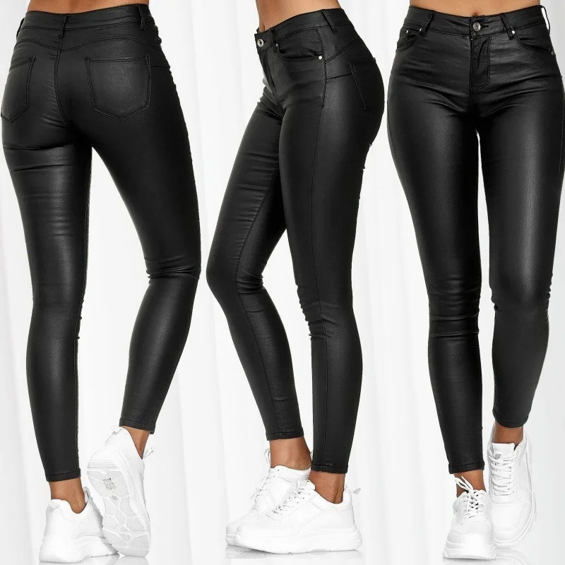New Fashion Bodycon Faux Leather Pants Women's Sexy Stretch Casual Leggings Solid Leather Bodycon Pencile Pants Women Streetwear