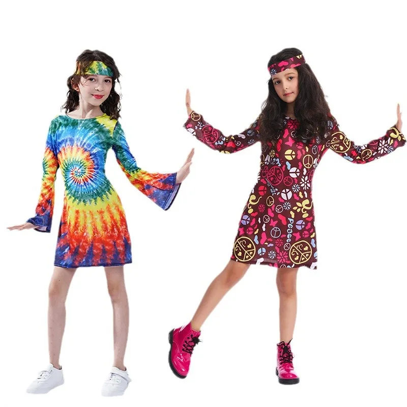 Little Girl Child Hippie Costume American Vintage Dazzle Colorful Hippie Skirt Stage Performance Costume Headband Dress 2pcs