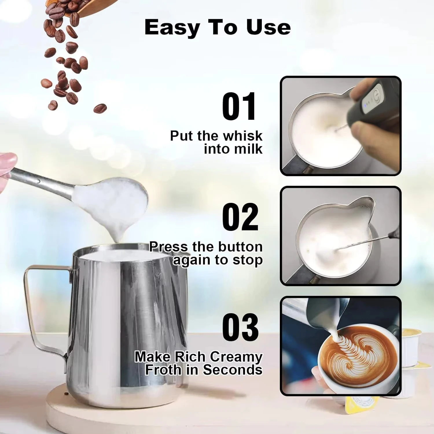 3-Speed Adjustable USB Handheld Milk Frother Electric Egg Beater Portable Coffee Machine Kitchen Food Blender Mixer