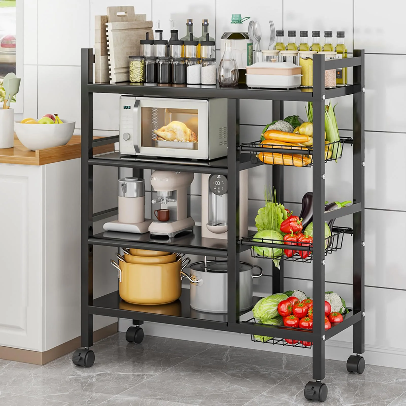

1 movable kitchen vegetable basket storage rack for kitchen storage and supplies storage, suitable for basic accessories in garages, kitchens, and home garages