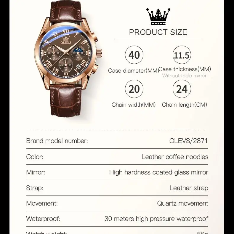 OLEVS 2871 Man Watch Chronograph Waterproof Moon Phase Multifunction Men\'s Wristwatch Luxury Brand Original Quartz Watch for Men