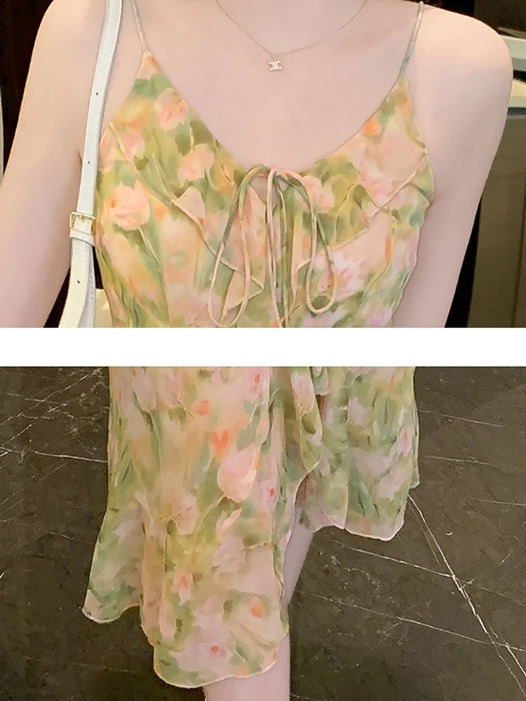 Vestido Midi bohemio de gasa Floral con lazo y cuello con volantes, vestido elegante a la moda para mujer, vestidos sexys con tirantes informales elegantes 2024