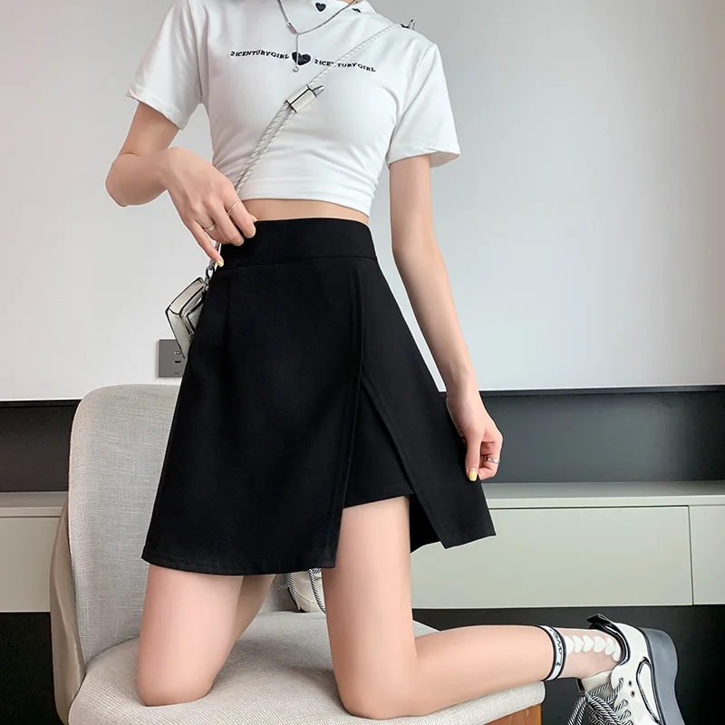 Women's Short Skirt Split Solid Office Ladies High Waist Mini Skirts Females Korean Oversize A-line Skirt Summer