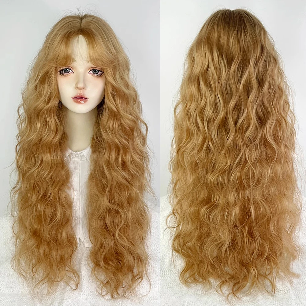 Women Long Wavy Curly Blonde Wig Synthetic Heat Resistant Fluffy Lolita Cosplay Wig Middle Part for Daily Party