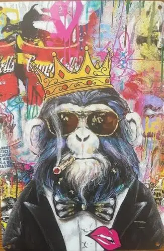 GRAFFITI BANSKI TYPE ART METAL TIN SIGN WALL ART STREET ART MONKEY SMOKING MONEY