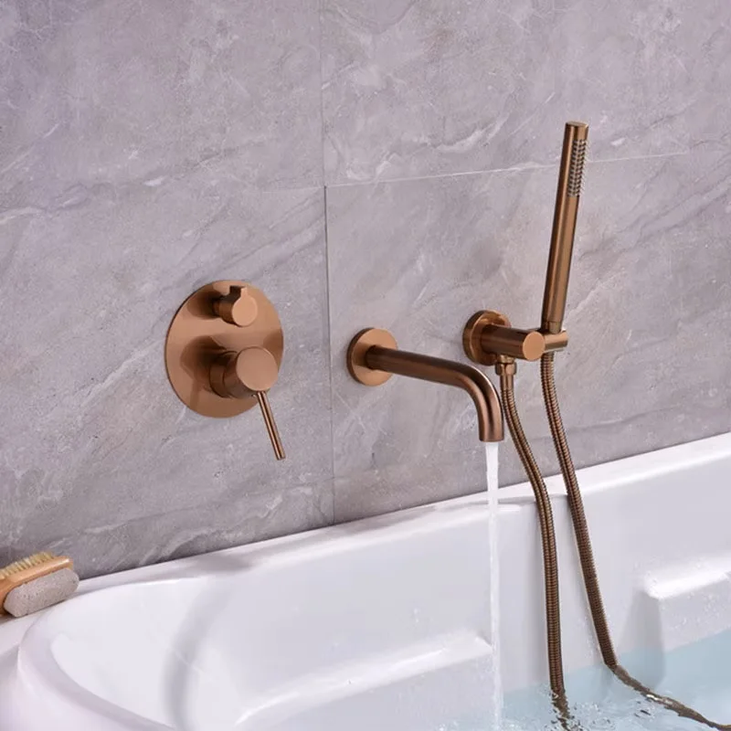 MTTUZK Brass Brushed Rose Gold Bathtub Faucet Shower Set Wall Mounted Cold And Hot Water Mixer Faucet With Handheld Shower