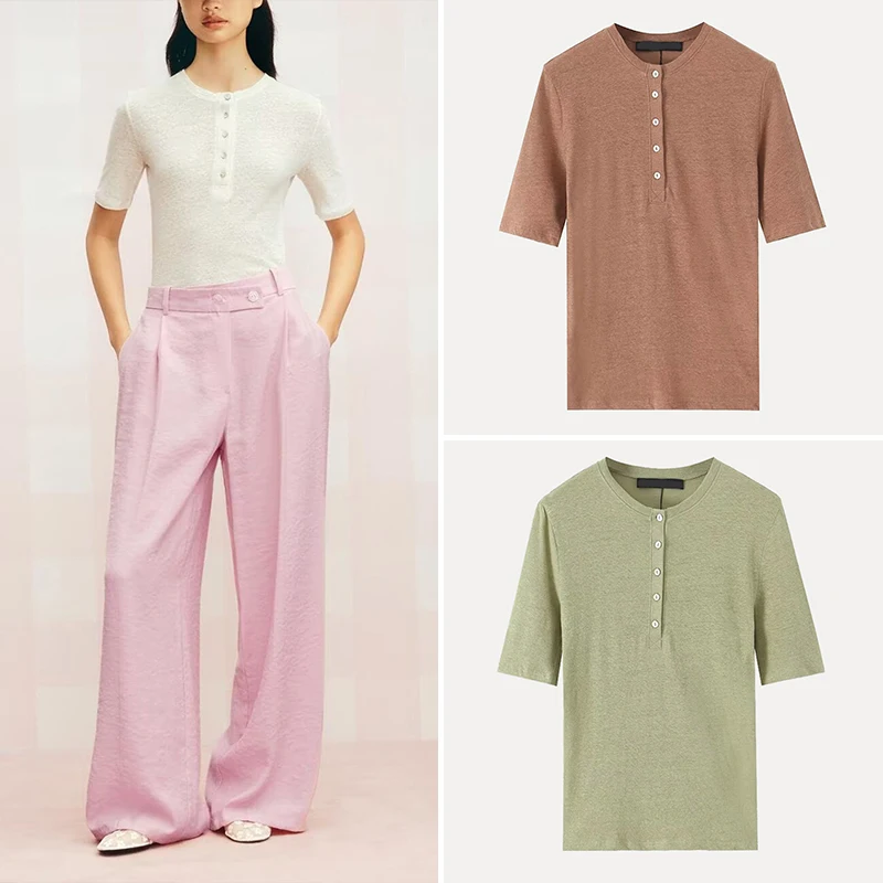 Summer 2025 Women's Style Mixed Fiber T-shirt Button Detailing Casual Wear Polyester Blend Short Sleeve round Neck Commute Fr...