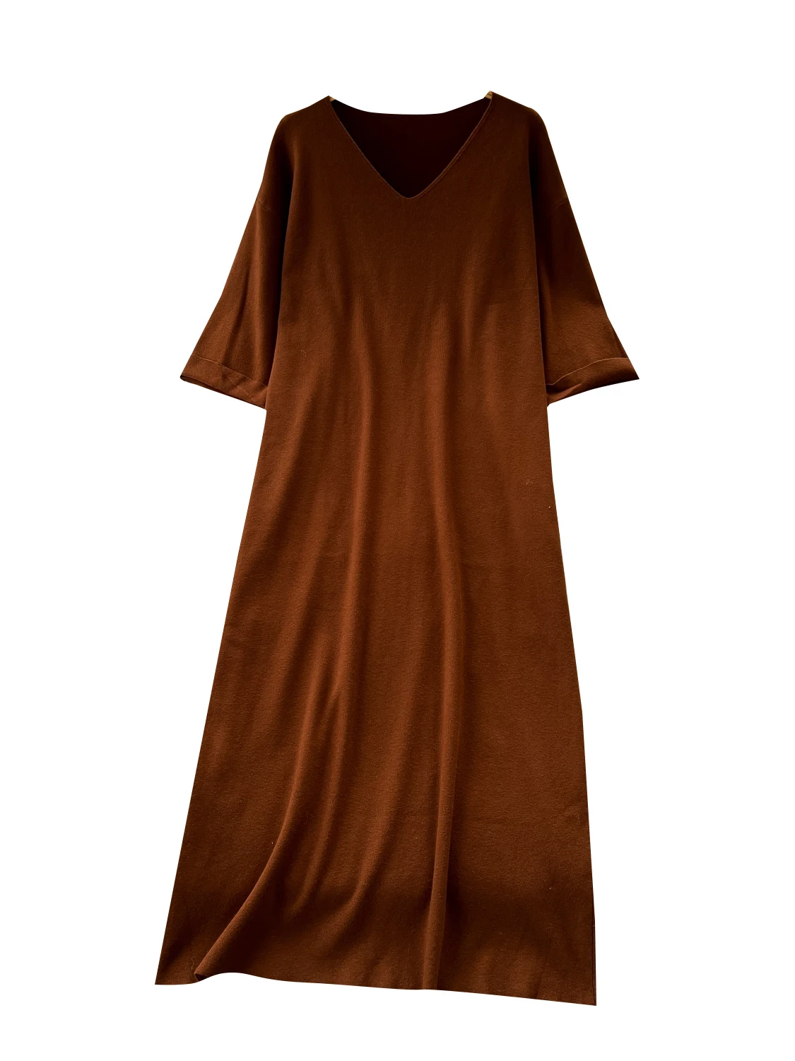 Vestido Casual de Manga 5/8 com Decote em V Estilo Relaxado Vestido de Suéter Solto e Emaecido para Mulheres Cintura Alta A...