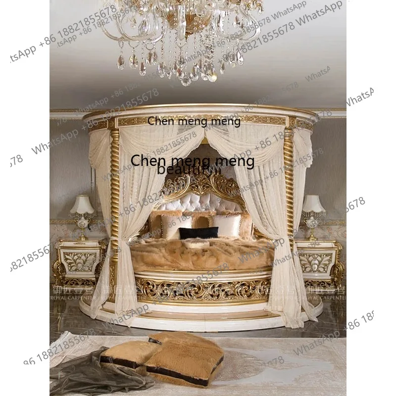 s8617European Court Bed Solid Wood round  Villa French Wood Carved Leather  Master Bedroom Princess 1.8M Double Marriage Bed