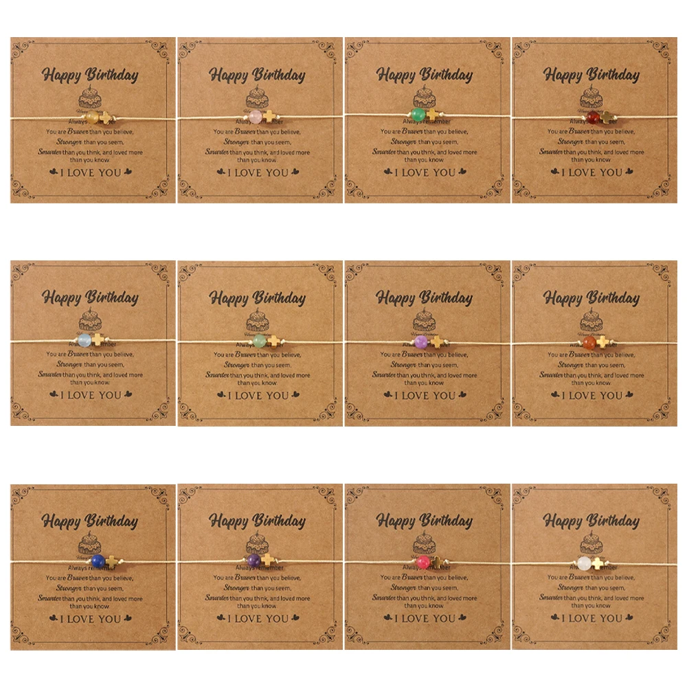 

12PCS justable Colorful Gemstone Bead Bracelet with Gold Cross Charm Handmade String Friendship Jewelry Gift for Women and Girls