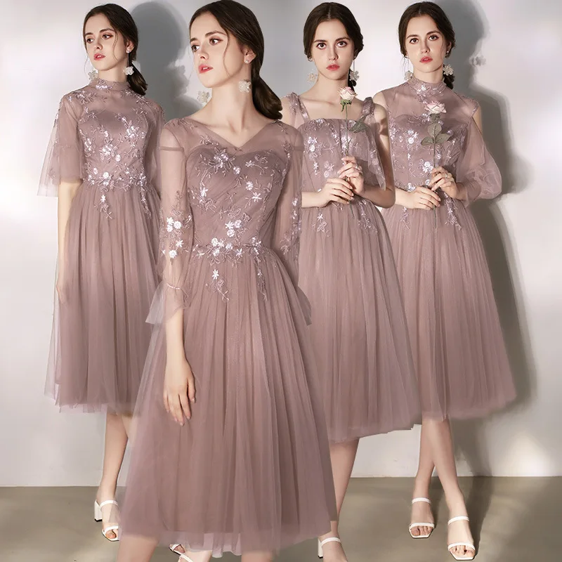 さまざまなスタイルのカスタマイズされたショートパーティードレスソフトチュールフローラルレースアップリケ膝丈イブニングフォーマルドレス結婚式の花嫁