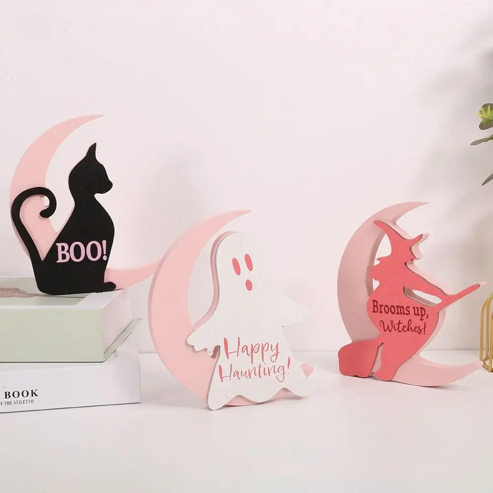 

Wooden Moon Witch Decorations Model Handicraft Halloween Witch Ornaments Display Funny Moon Black Cat Ornaments Desktop Decor