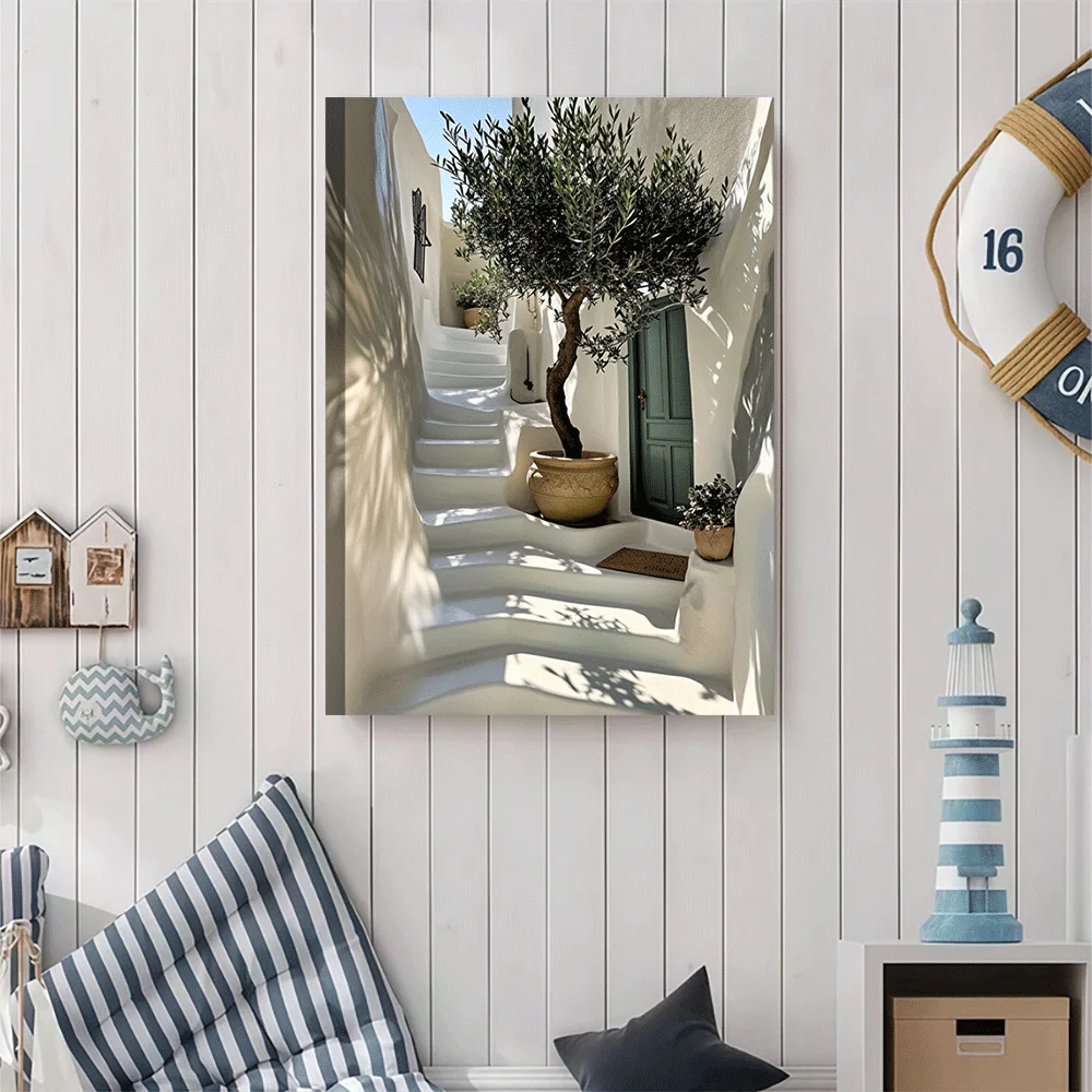 1PC-Canvas poster Unframed  Mediterranean Courtyard Olive Tree White Steps Doorway Art Print  summer