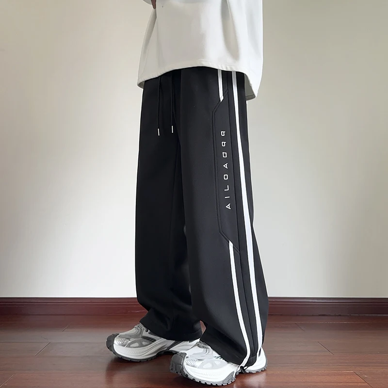 Fashion Sports Pants Japanese Style Spliced Striped Drawstring Tie Leg wide Leg Pants Harajuk Mens Harem Pants