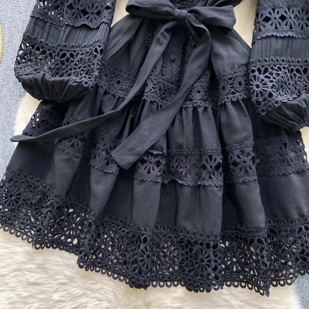 Abito estivo elegante con maniche a lanterna PATCHWORK in pizzo ritagliato retrò a-line abiti da donna per le vacanze con ricamo