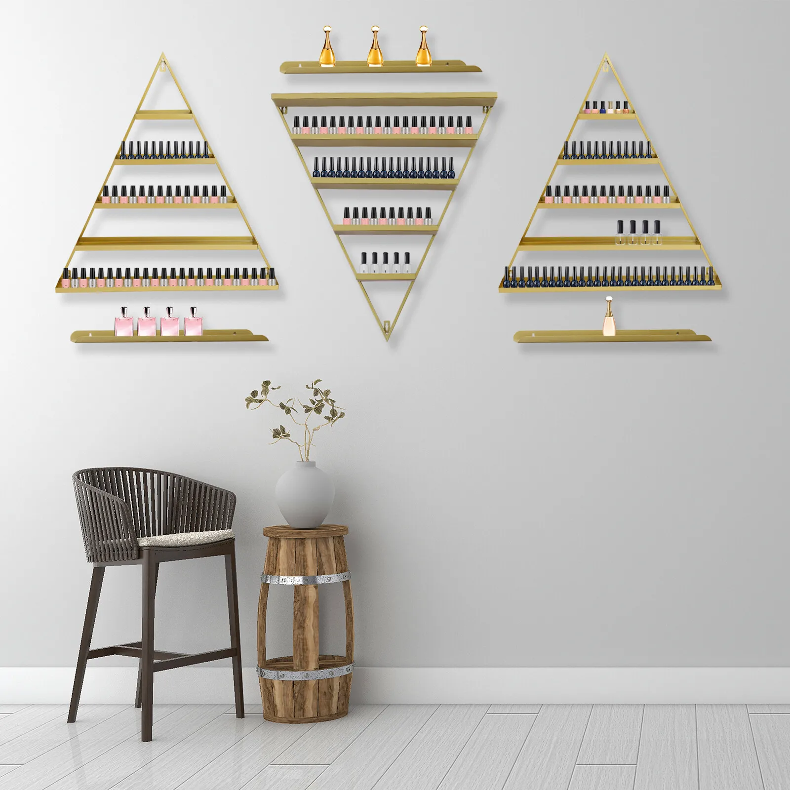 Espositore decorativo per smalti per unghie dorato, set organizer a 5 livelli montato a parete, scaffale salvaspazio per trucco cosmetico