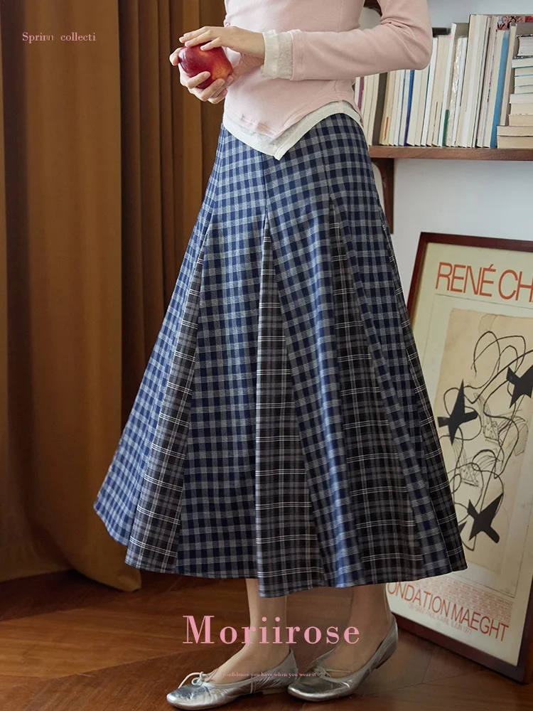 

Юбка миди Moriirose с высокой талией, А-силуэтом, большим оборком и клетчатым пэчворком для женщин, осенняя винтажная юбка с эффектом стройности