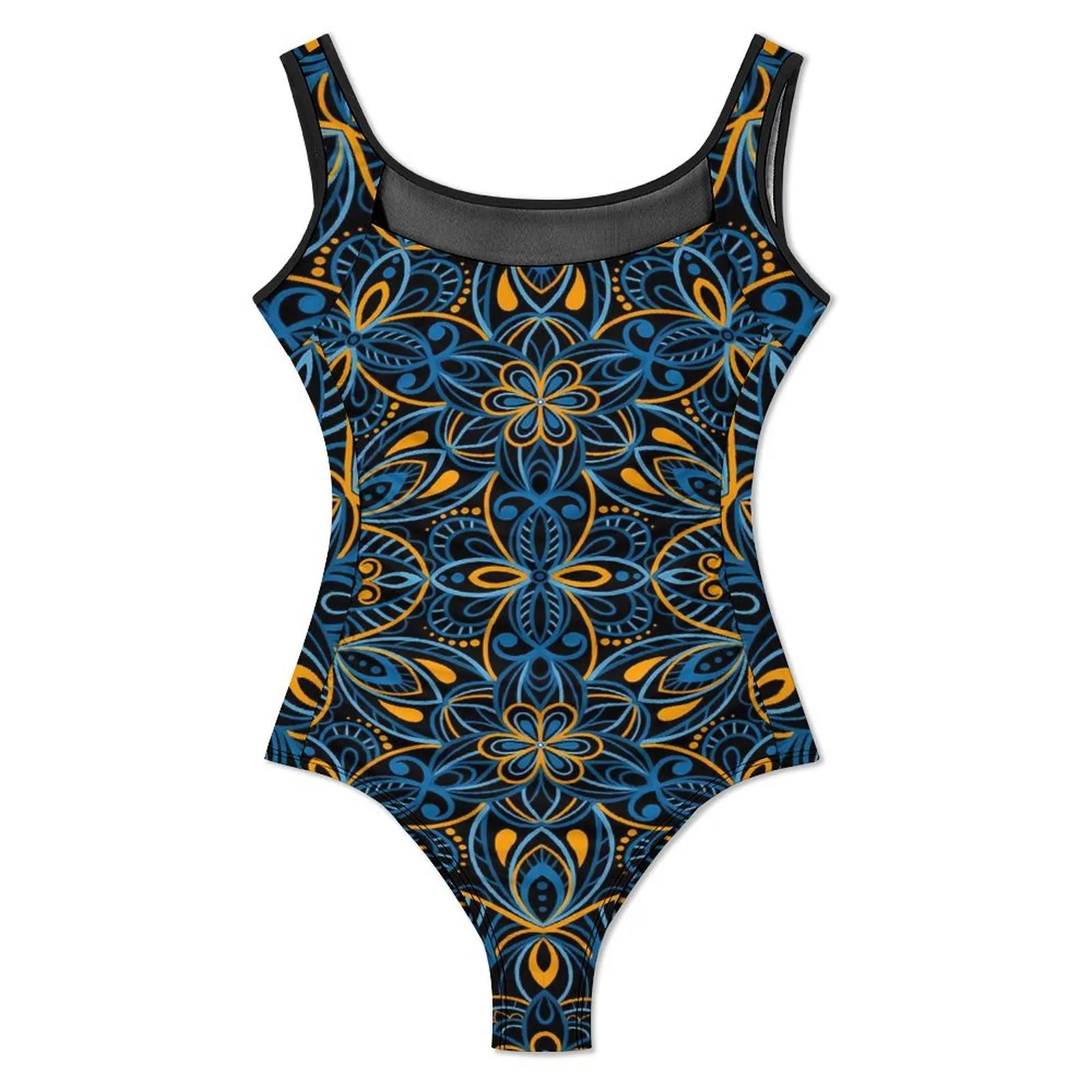 Vintage Mandala Swimsuit Sexy Abstract Floral One-Piece Swimwear Push Up Bodysuit Simple Surfing Beach Wear