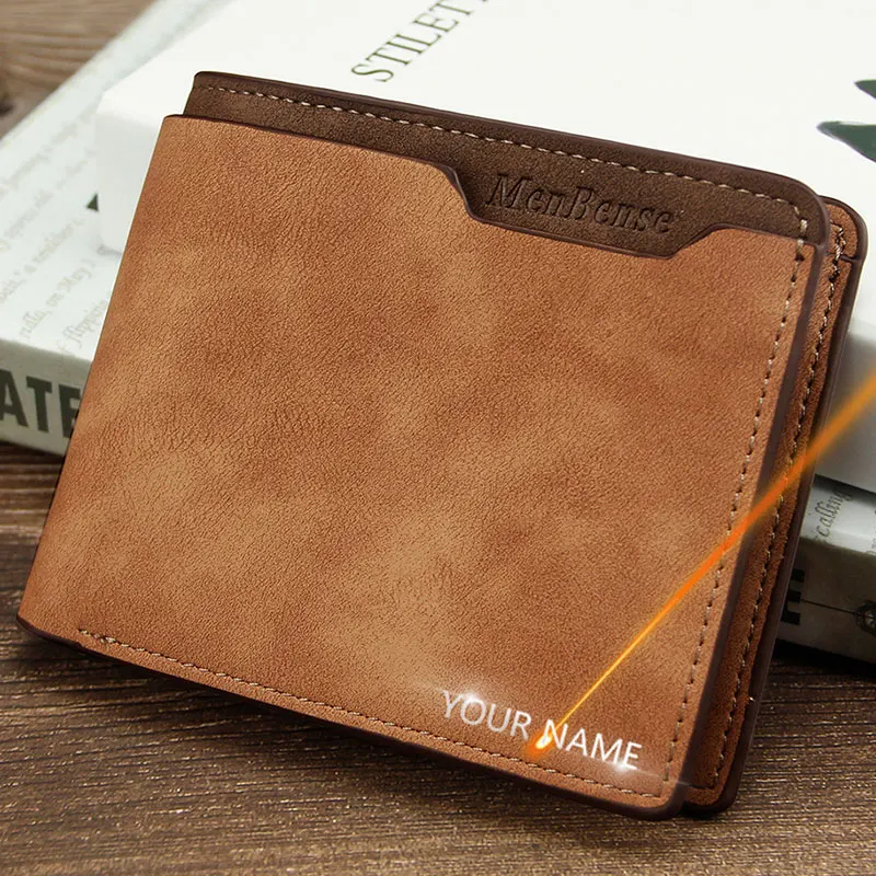 2022 New Short Luxury Men Wallets Slim Card Holder Brand Male Wallet Name Engraved High Quality PU Leather Small Men\'s Purses