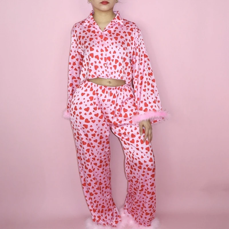 Women's Heart Print Pajama Set Long Sleeve Lapel Neck Blouse Shirt Crop Tops + Elastic Waist Pants 2 Piece Sleepwear Outfit