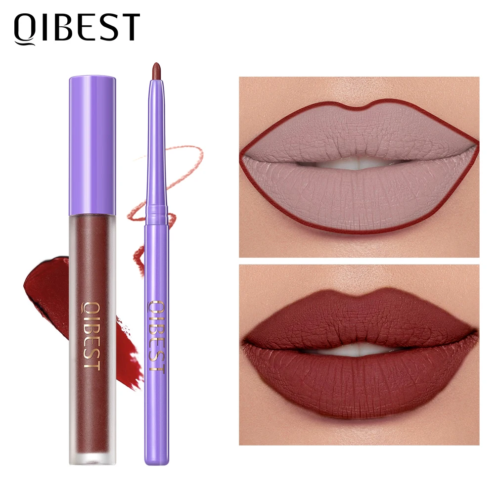 QIBEST Lipliner And Matte Liquid Lipstick Sets Waterproof Sexy Red Lipgloss Lip Liner Kits Long-Lasting Makeup Lip stick Pen