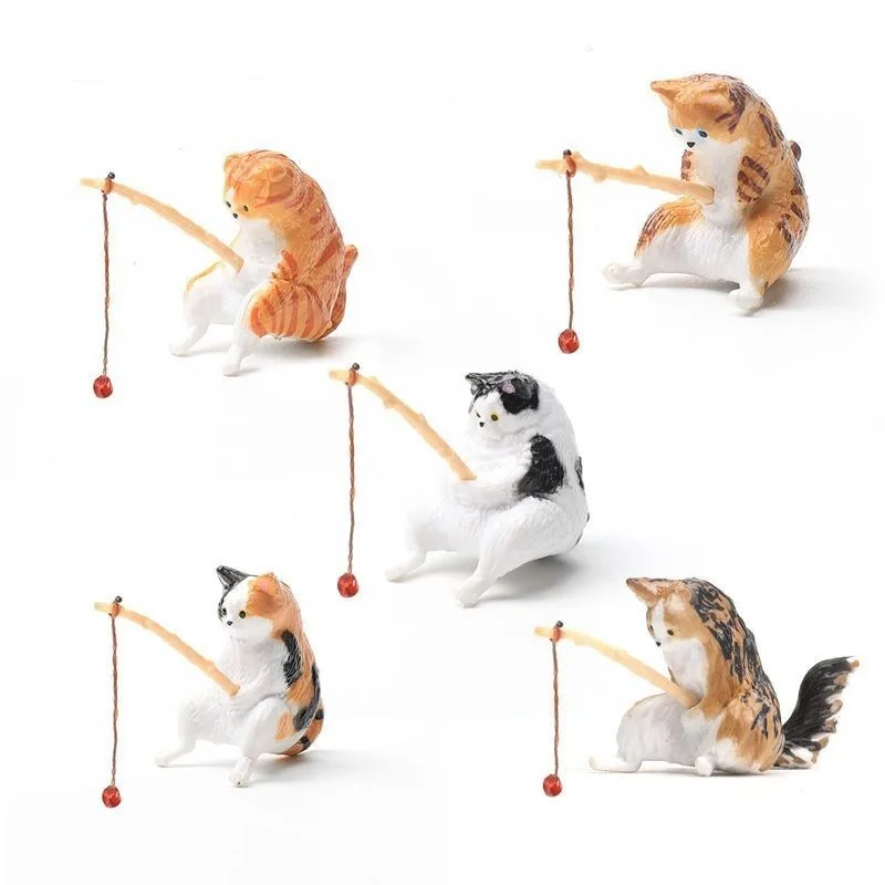 Cute Fishing Cat Fishbowl Fishing Figure Fisherman Figurine Cat Fishing Rod Seals Figures Cat Decoration Interior Accessories