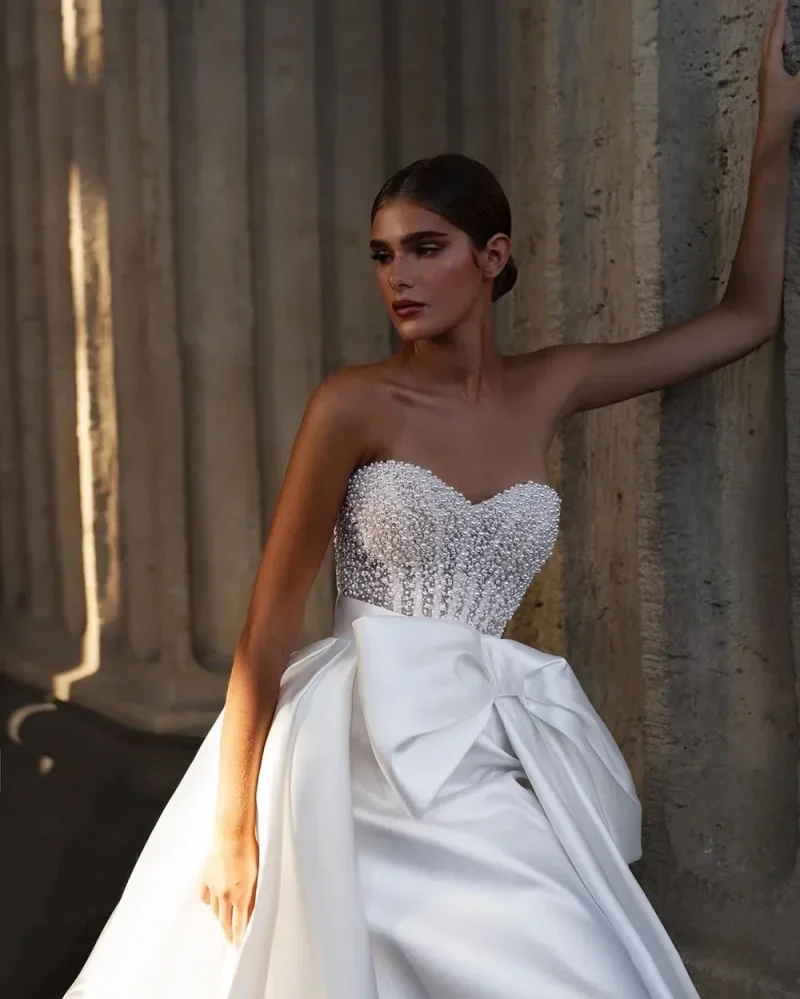 Personalizado novo luxo branco vestido de casamento de pescoço alto com cintura arco laço pérola manga longa princesa noiva vestido de noiva 2025