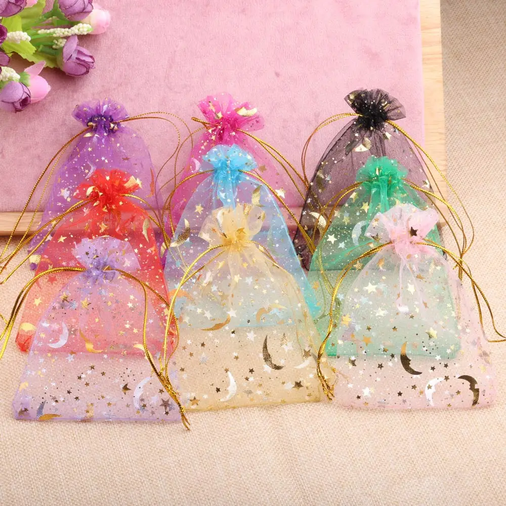 25/50 Stuks 7x 9/9X1 2/10X1/13X18Cm Ster Maan Organza Cadeau Zakken Mini Sachet Goud Kleur Trekkoord Tas Sieraden Verpakking Zakjes