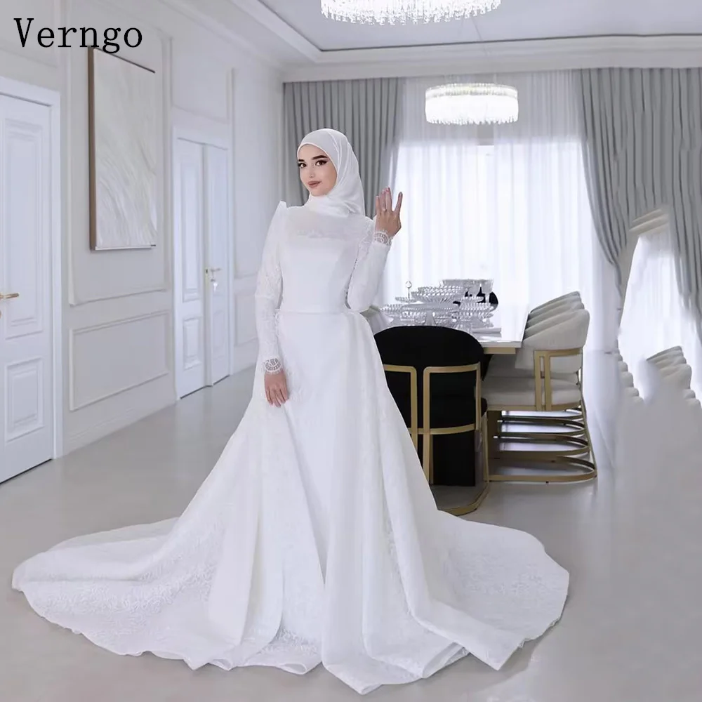 

Verngo lvory Lace Wedding Dress Full Sleeves Removable Tail Elegant Bride Gowns Mulism Modest Elegant Bridal Dresses Customized